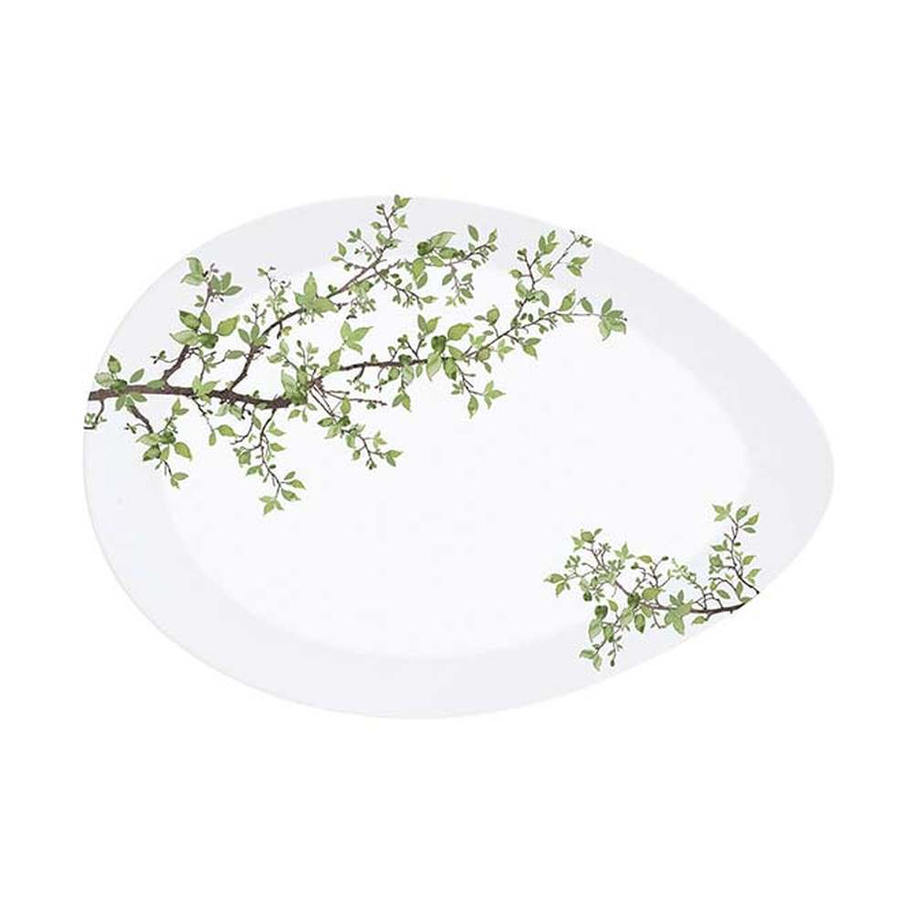 Zöldellő tavaszi faággal díszített, 24 cm hosszú, minőségi porcelánból készült kínáló tál díszdobozba csomagolva.