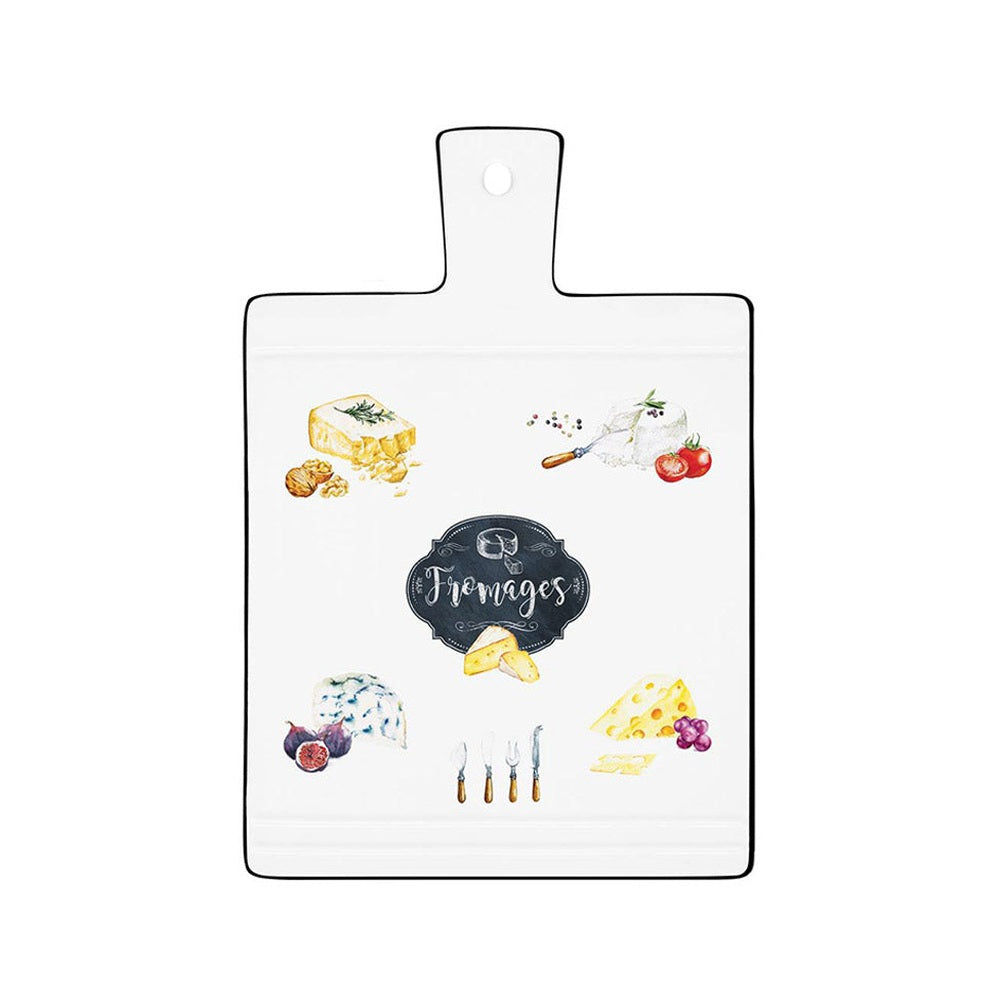 Fekete szegéjű, fehér színű porcelán vágólap zöldségmotívumokkal és kitchen felirattal