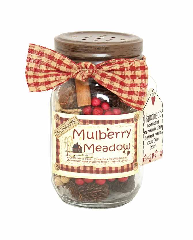 "Mulberry Meadow" fűszeres faeper illatú, prémium minőségű, lakásillatosító üveges potpourri.