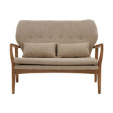 Skandináv stílusú, nyírfából készült kanapé bézs színű kárpitozással, ülő- és hátpárnákkal.