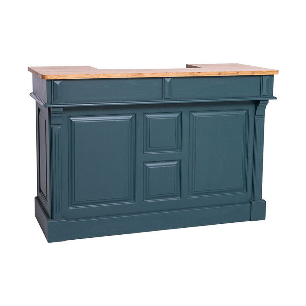 Viharkék színű, vidéki stílusú bárpult, natúr színű olajozott tölgyfa fedlappal.