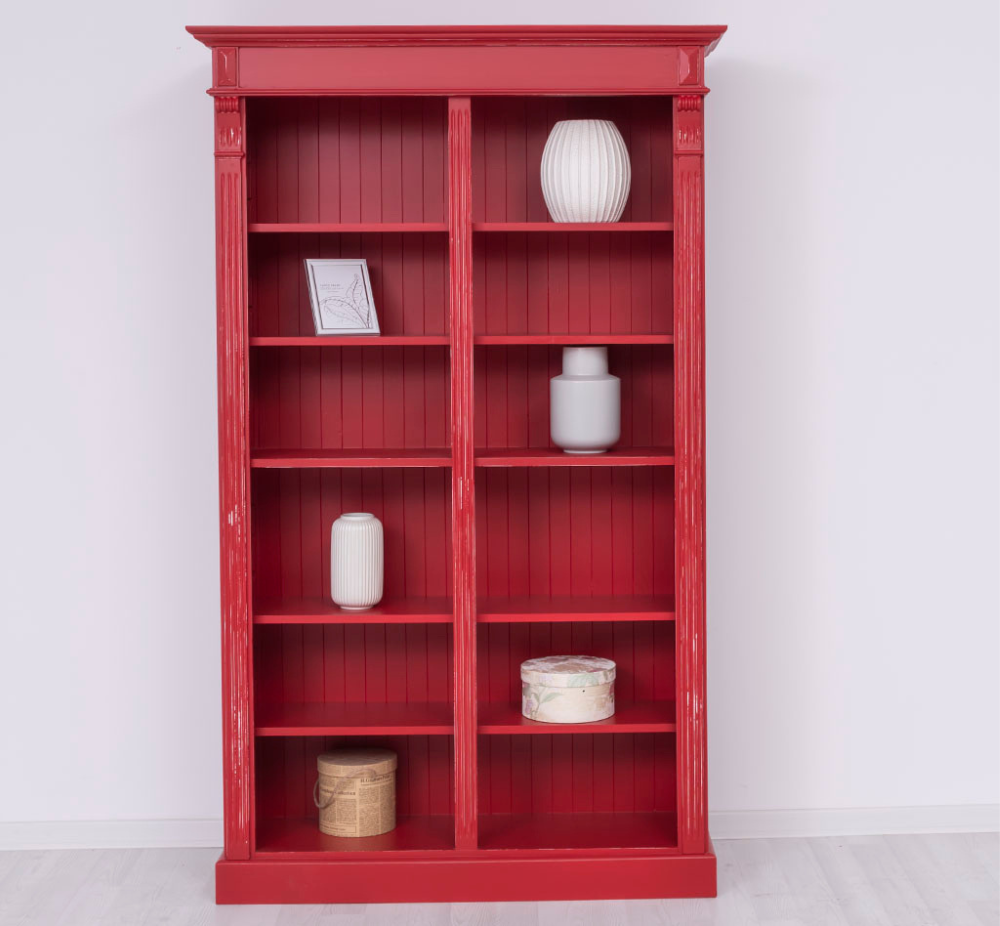 Klasszikus stílusú, kétosztatú tömör fenyőfa könyvesszekrény. Antikolt piros színű.