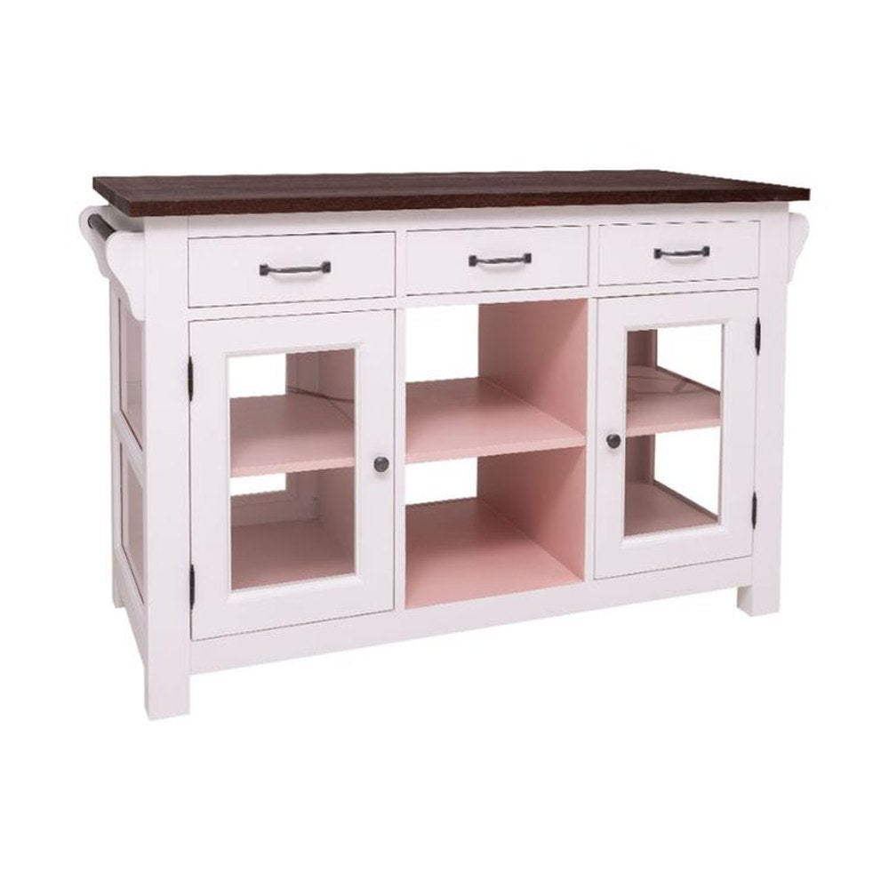 Country stílusú konyhasziget tölgyfa munkalappal. A tárolást hat fiók, két üveges és egy nyitott tároló segíti. Színe: törtfehér, baracksrága és barna..