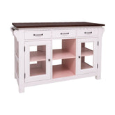 Country stílusú konyhasziget tölgyfa munkalappal. A tárolást hat fiók, két üveges és egy nyitott tároló segíti. Színe: törtfehér, baracksrága és barna..