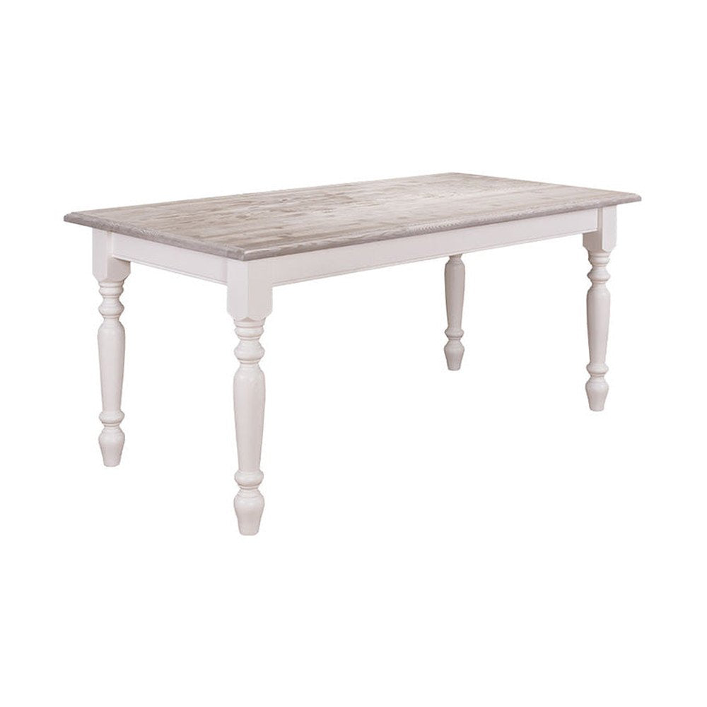 Fenyőfa étkezőasztal tölgyfa asztallappal, dekoratívan faragott lábakkal.