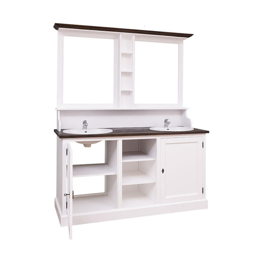 Two sink white pine bathroom vanity with dark countertop and tall mirror unit with central open shelves