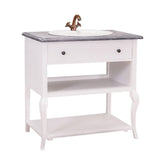 Klasszikus stílusú, fehér színű mosdószekrény, szürke színű fedlappal.