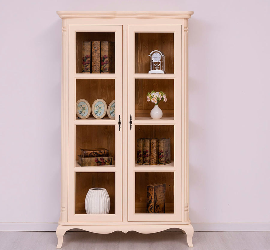 Shabby chic pine vitrine with two glass doors three shelves cream finish and curved feet