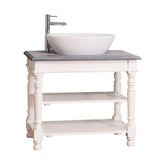 Fehér és mélycsiszolt szürke színű, klasszikus stílusú, nyitott polcos mosdószekrény.