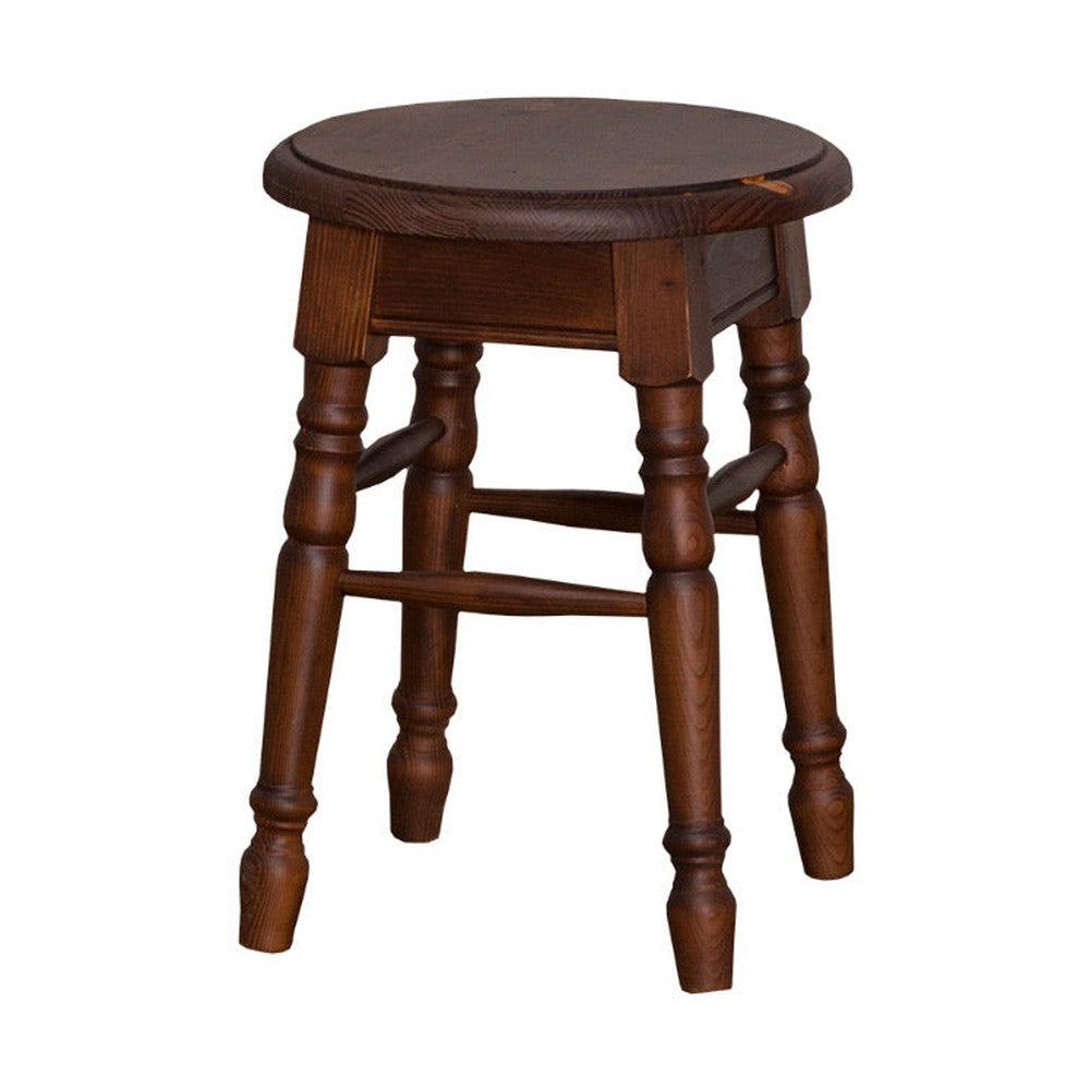 Klasszikus, kerek ülőfelülettel rendelkező hokedli, dekoratív, faragott lábakkal.