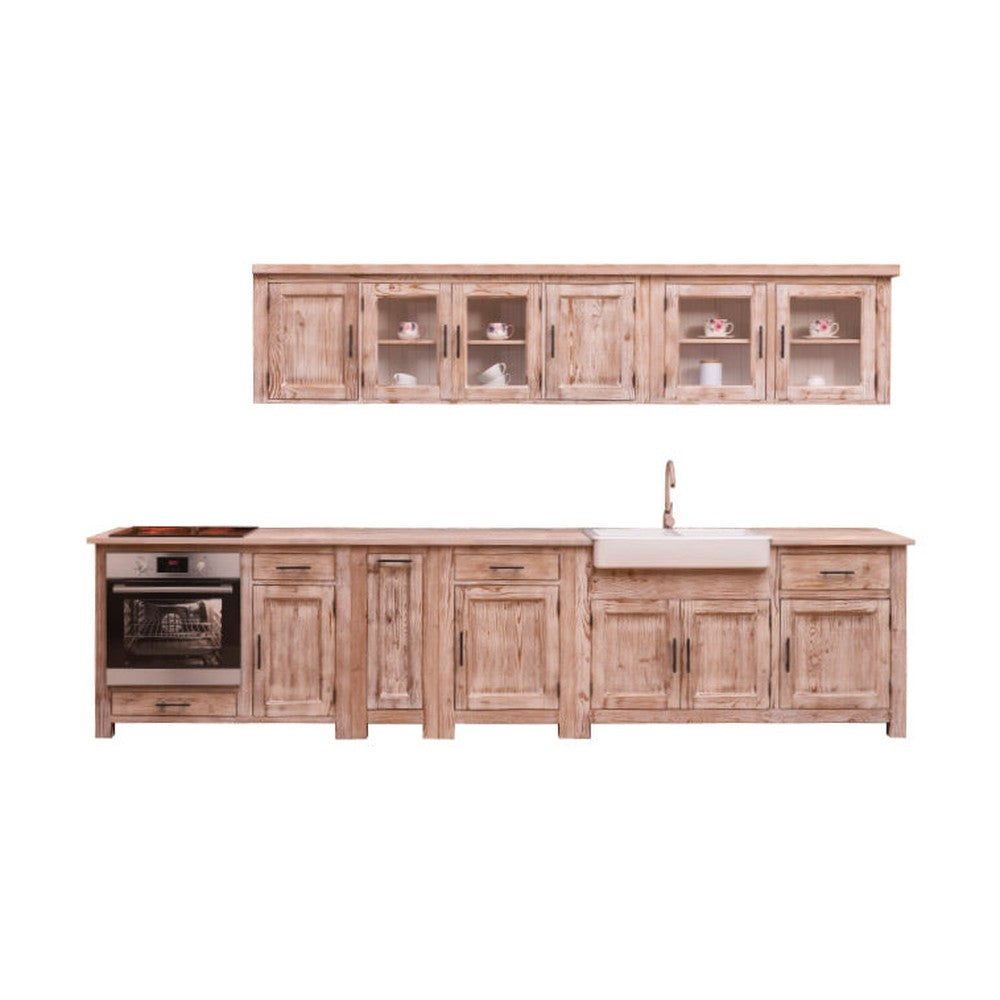 Öt elemes fenyőfa konyhaszekrény tölgyfalappal, beépített kerámia kagylóval és csapteleppel.