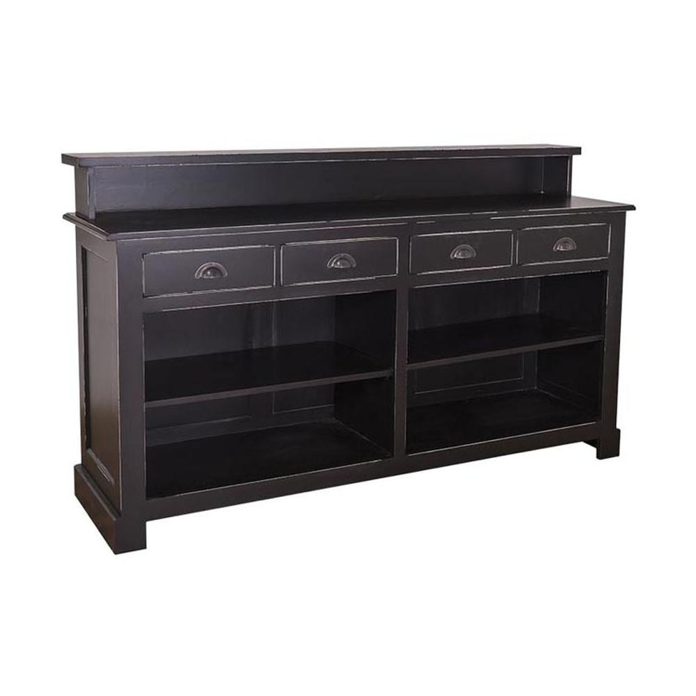 Nagyméretű, fenyőfa pult. A tárolásról négy polc, valamint négy fiók gondoskodik. Színe: antikolt fekete.