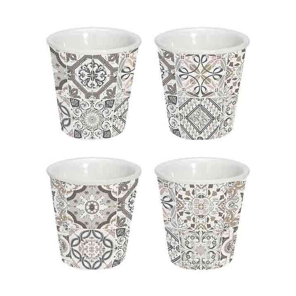 Mediterrán stílusú, négyszemélyes mozaikmintás porcelán espresso pohár szett.