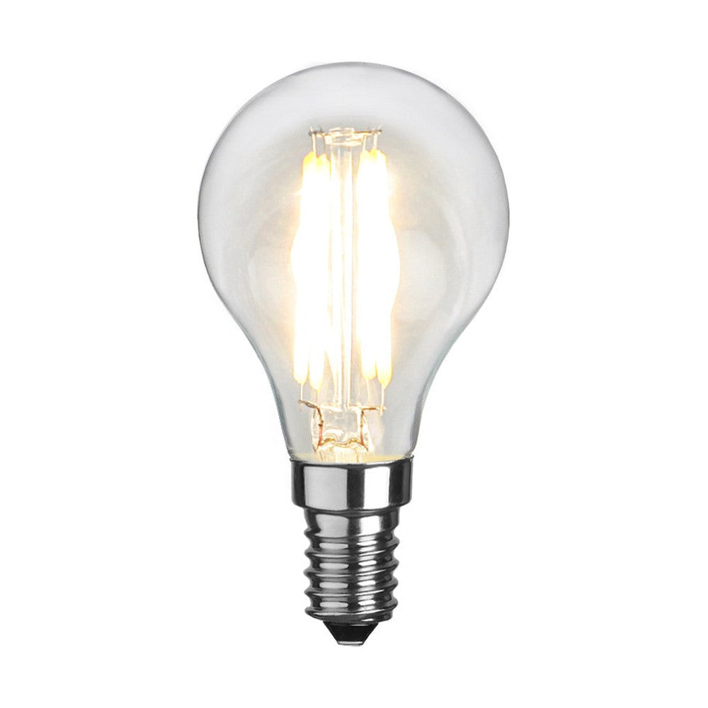 Meleg fehér fényű, kisfeszültségű LED izzó átlátszó üveggel. Színhőmérséklete 2700 K.