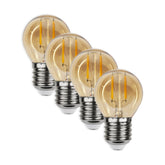 Négy darabos, meleg fehér fényű, kisfeszültségű LED izzó borostyánszínű üveggel.