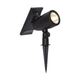 Kültéri, földbe szúrható, fekete színű, napelemes kerti lámpa.