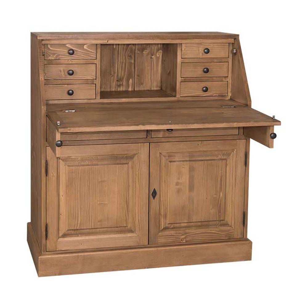 Waxolt, natúr színű szekreter. A képen jól látható a lehajtható írópad, a hat kisebb és két nagyobb fiók, valamint az ajtós tároló.