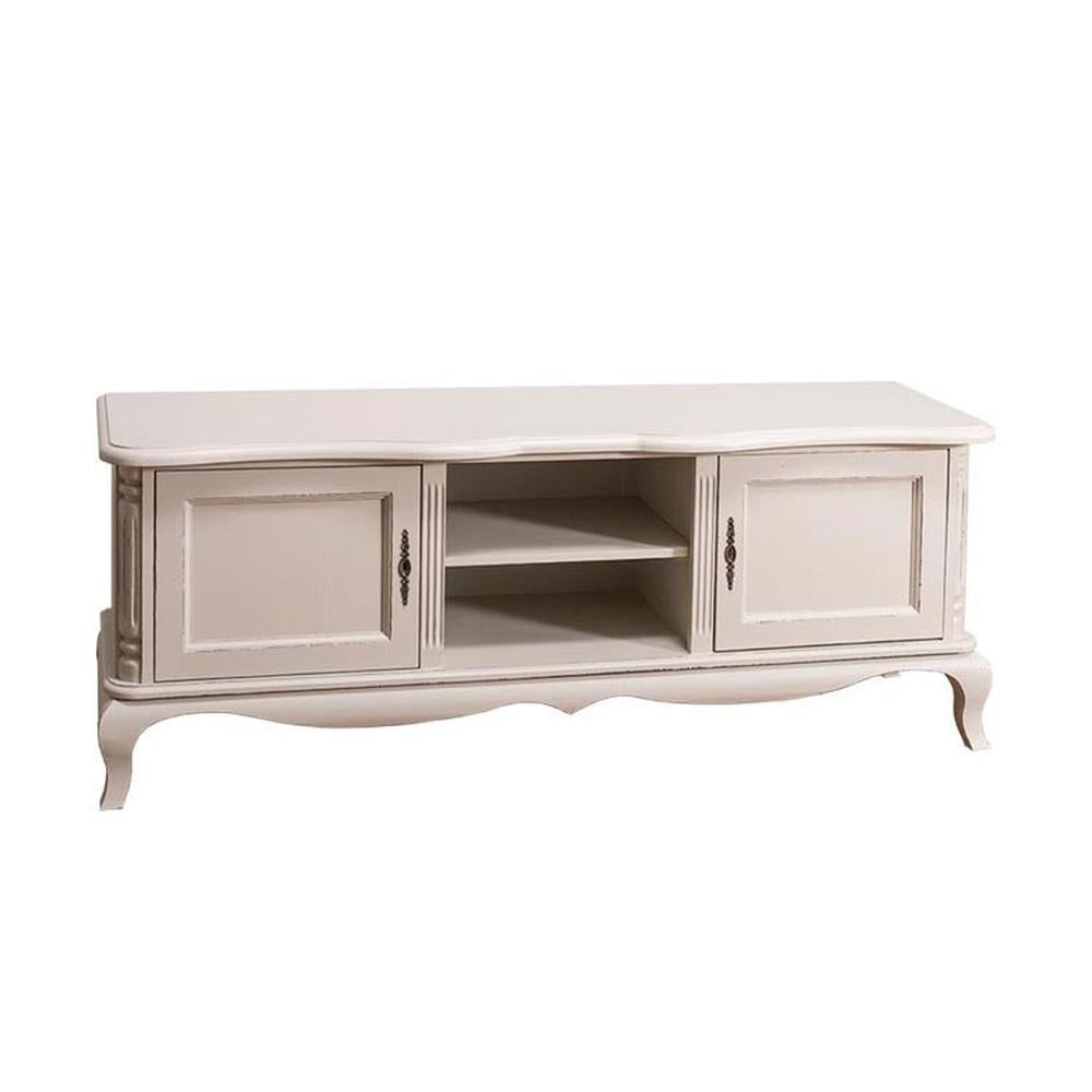 Shabby chic stílusú, fehér színű tv szekrény, két darab ajtós tárolóval, és egy polccal.
