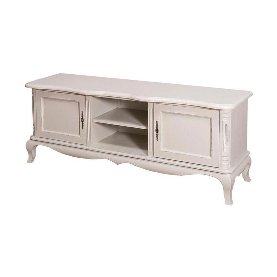 Shabby chic stílusú, fehér színű tv szekrény, két darab ajtós tárolóval, és egy polccal.