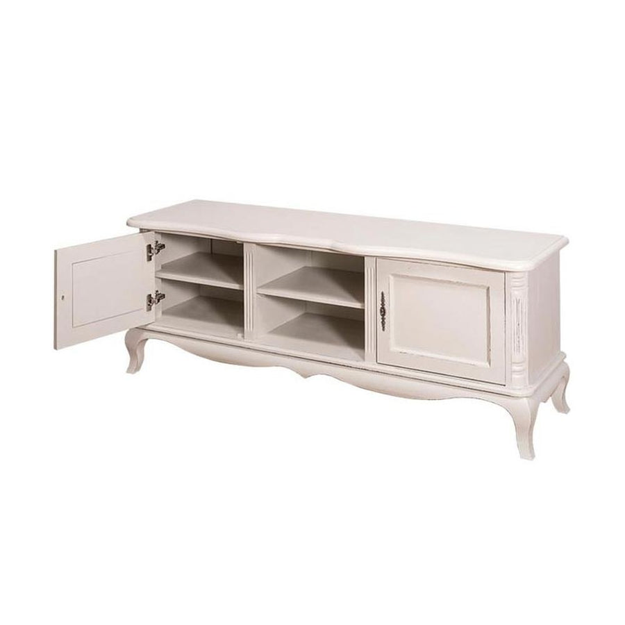 Shabby chic stílusú, fehér színű tv szekrény, két darab ajtós tárolóval, és egy polccal.