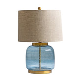 Kortárs stílusú, üvegből és fémből készült, dizájn asztali lámpa natúr színű lenvászon lámpaernyővel.