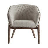 A modern stílus és a retro korszak inspirálta, jegenyefenyőből készült, szürke színű poliészter textillel kárpitozott karosszék.