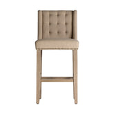 Koloniál stílusú, fenyőfából készült bárszék natúr színű vászon kárpitozással.