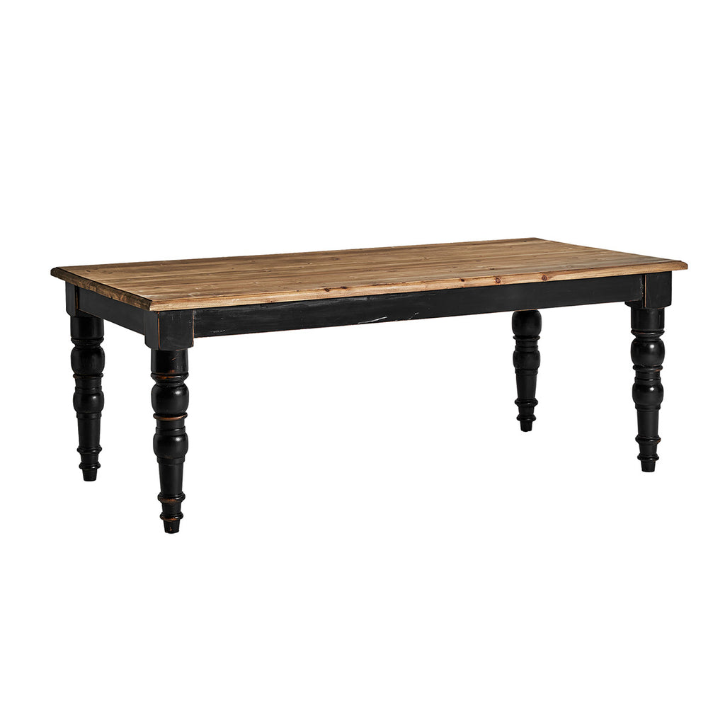 Koloniál stílusú, szilfából készült étkezőasztal antikolt fekete színű lábakkal és natúr színű asztallappal.