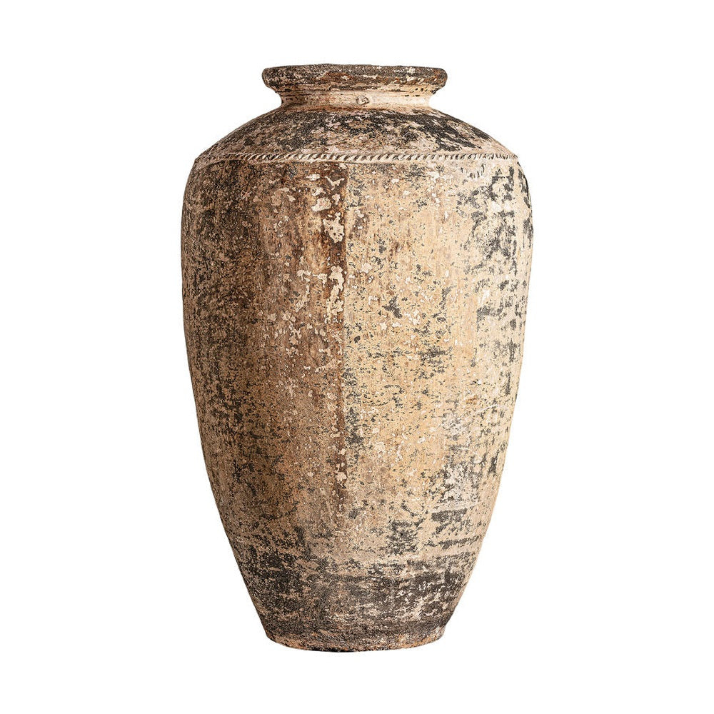 Óriás méretű, mediterrán stílusú, antikolt terrakotta színű, kézműves kerámia váza.