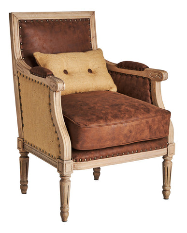 Koloniál stílusú, mangófából faragott, bőrhatású, barna színű kárpittal és zsákvászonnal kárpitozott fotel. 