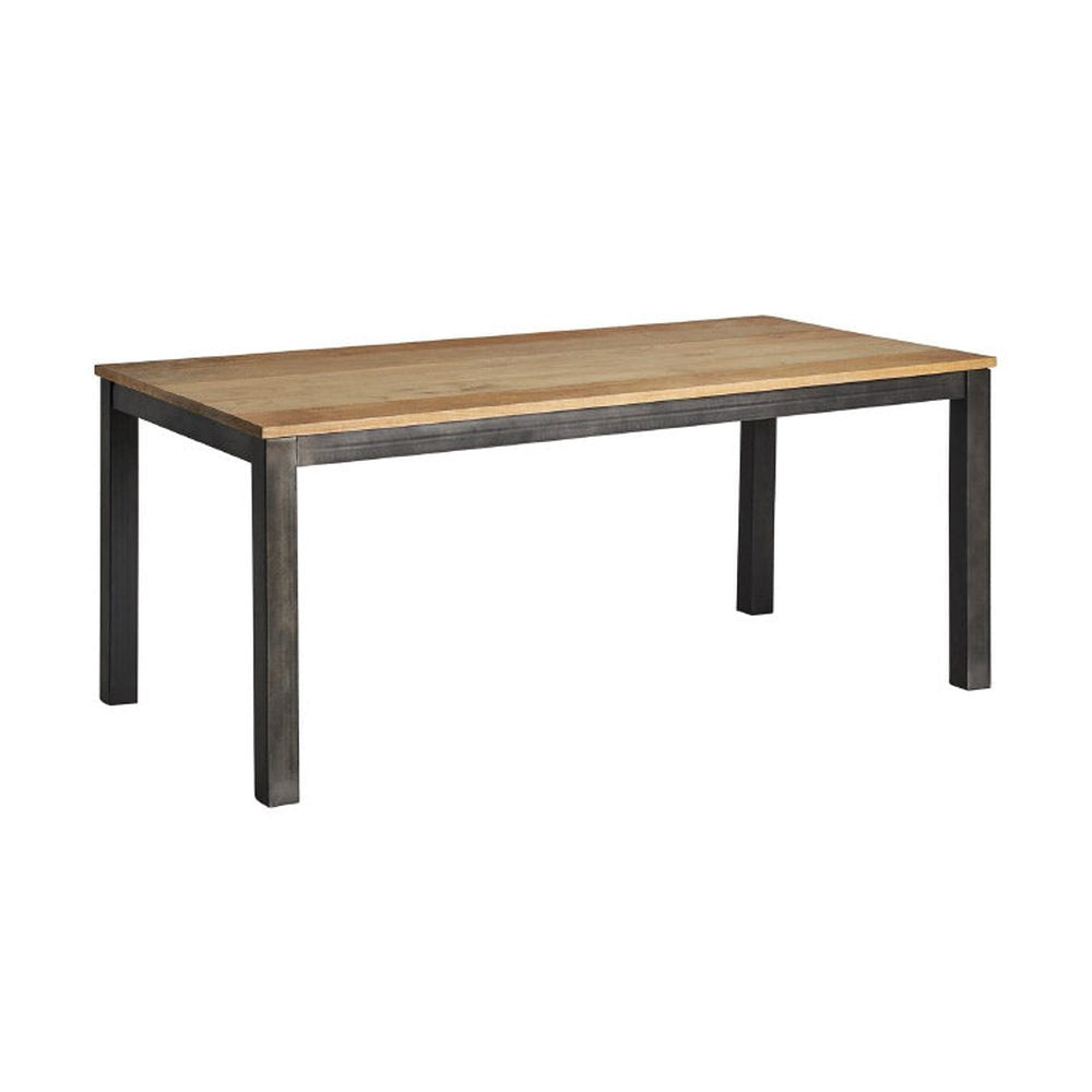 Ipari stílusú, mangófából és fémből készült étkezőasztal.