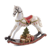 Vintage stílusú, 29,5 cm hosszú, fehér és piros színű karácsonyi hintaló ajándékokkal