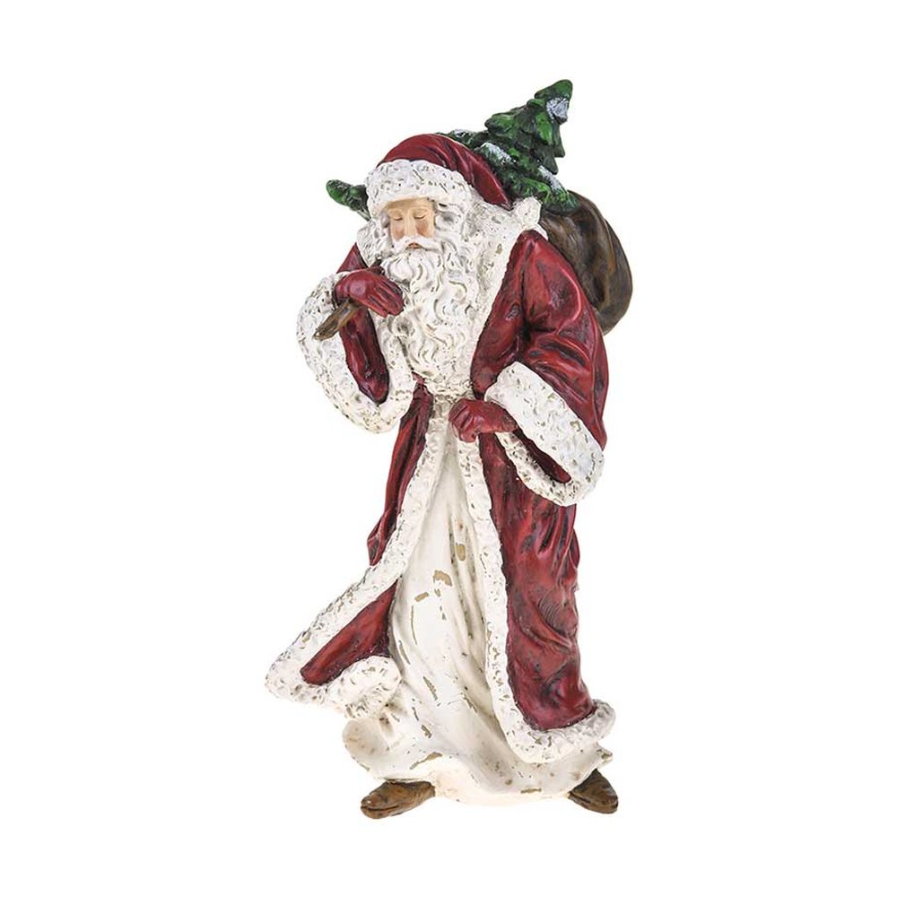 Vintage stílusú, békebeli klasszikus tálapó, mikulás figura bordó kabátban puttonnyal a hátán