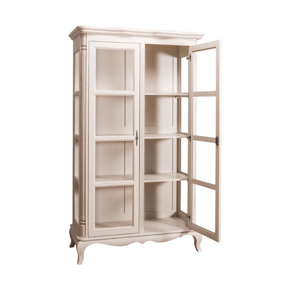 Kétosztatú, shabby chic stílusú, antikolt fehér színű vitrin szekrény.