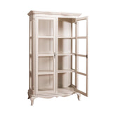 Kétosztatú, shabby chic stílusú, antikolt fehér színű vitrin szekrény.