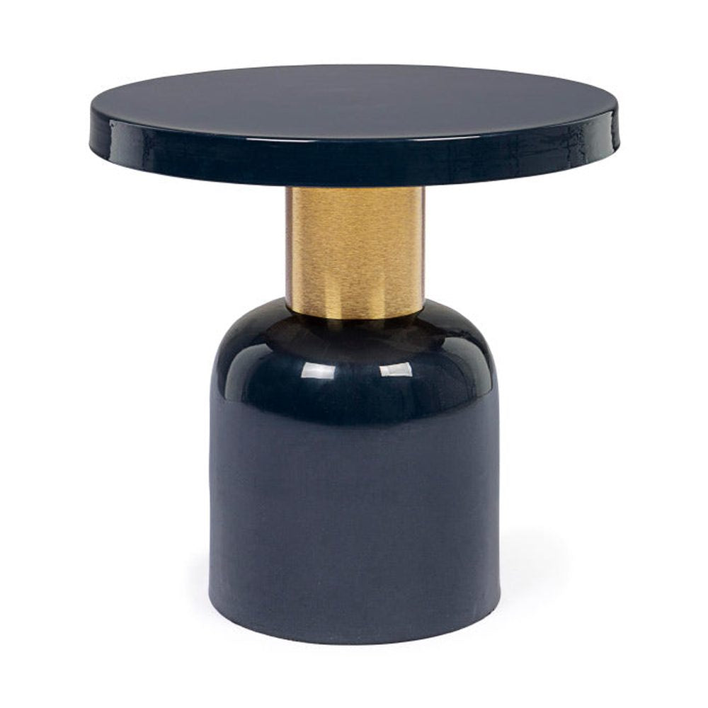 Kortárs stílusú, sötétkék-arany színű, zománcozott acélból készült kisasztal.