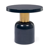 Kortárs stílusú, sötétkék-arany színű, zománcozott acélból készült kisasztal.