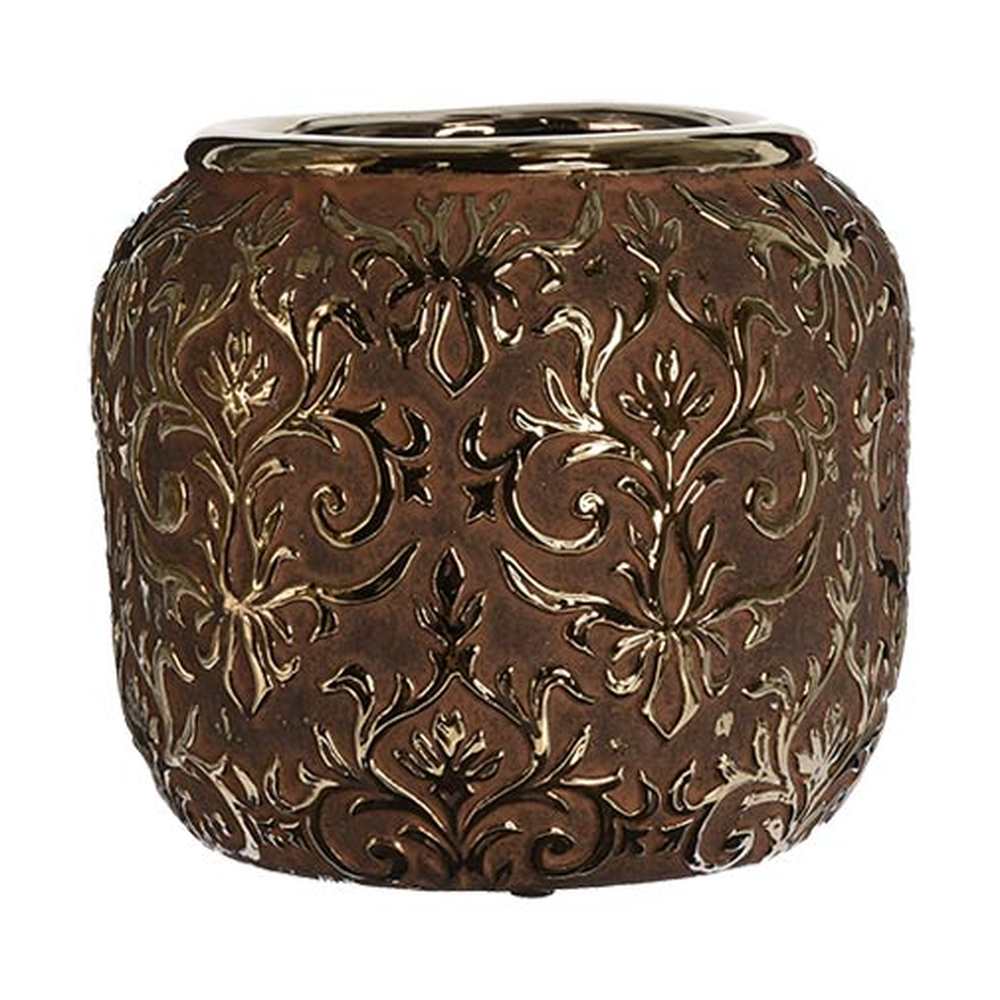 Aranyszínű barokk dombormintával díszített, modern, glamour stílusú kerámia kaspó.