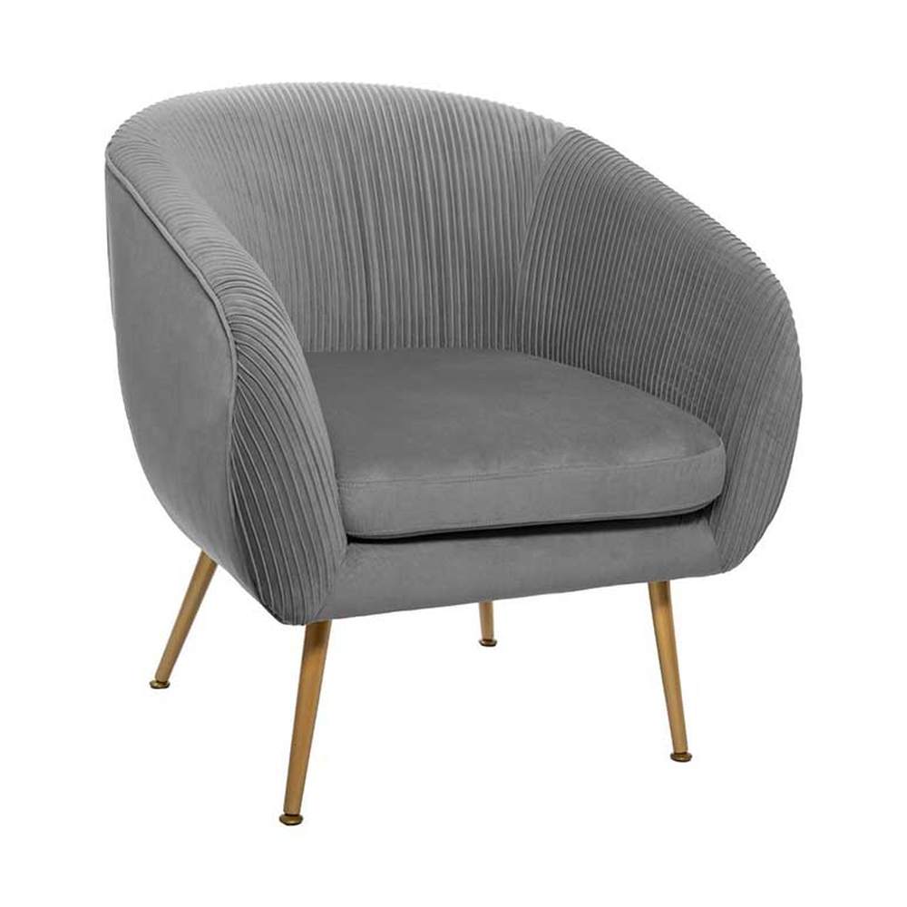 Art Deco stílusú, szürke színű bársonnyal kárpitozott fotel, arany színű fém lábakkal