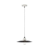 Vidéki stílusú, fekete színű mázas fémből és fehér színű mázas kerámiából készült, textilburkolatú vezetékkel kialakított, kézműves függeszték lámpa.