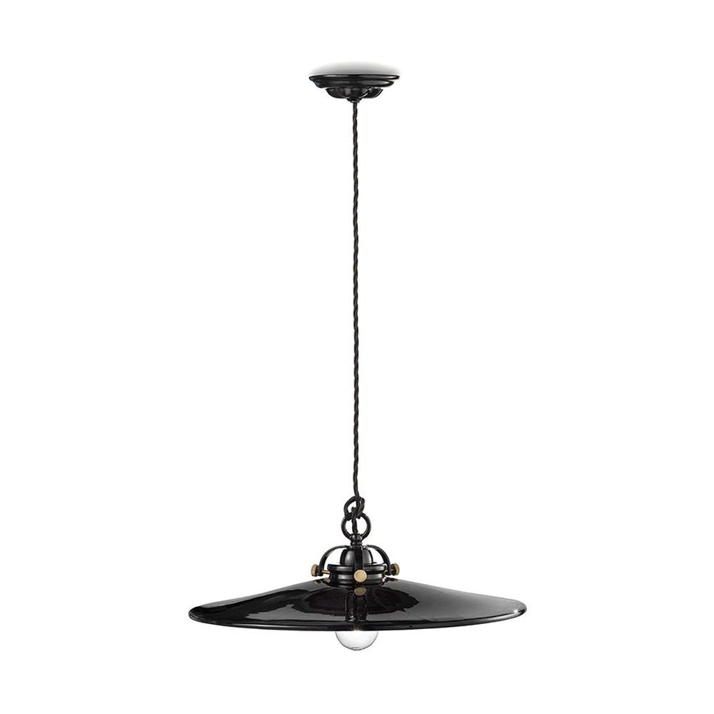 Vidéki stílusú, mázas fémből és mázas kerámiából készült, textilburkolatú vezetékkel kialakított, kézműves függeszték lámpa.