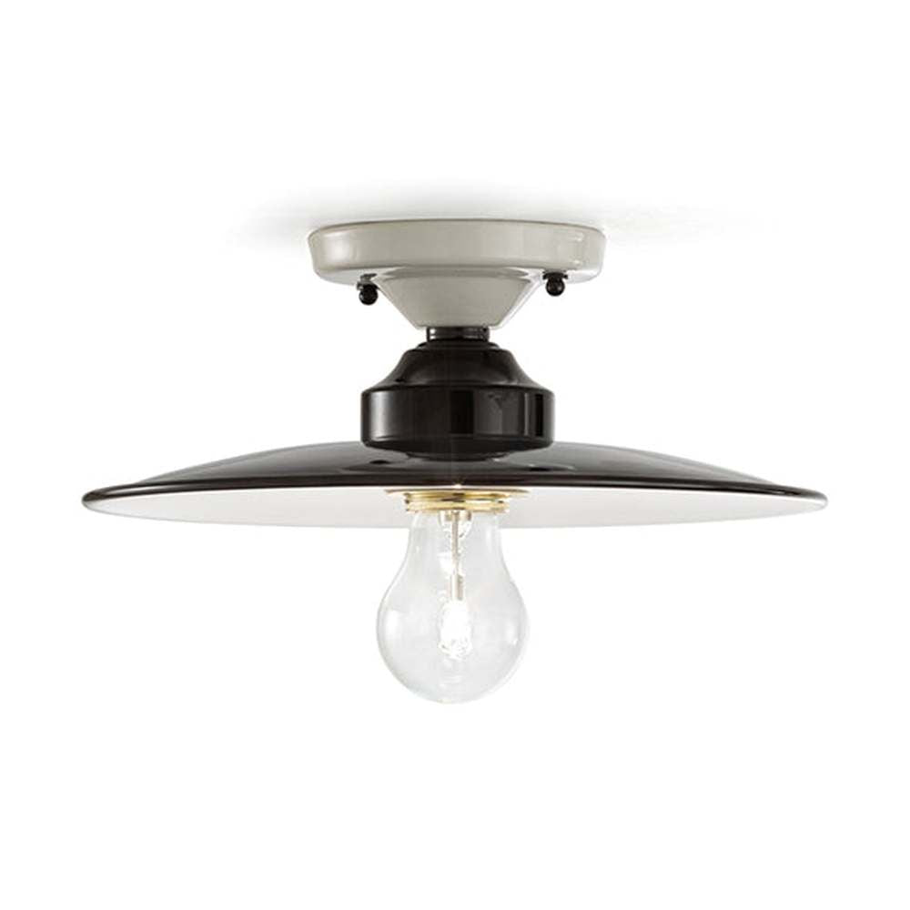 Vidéki stílusú, fekete színű mázas fémből és fehér színű mázas kerámiából készült, kézműves mennyezeti lámpa.