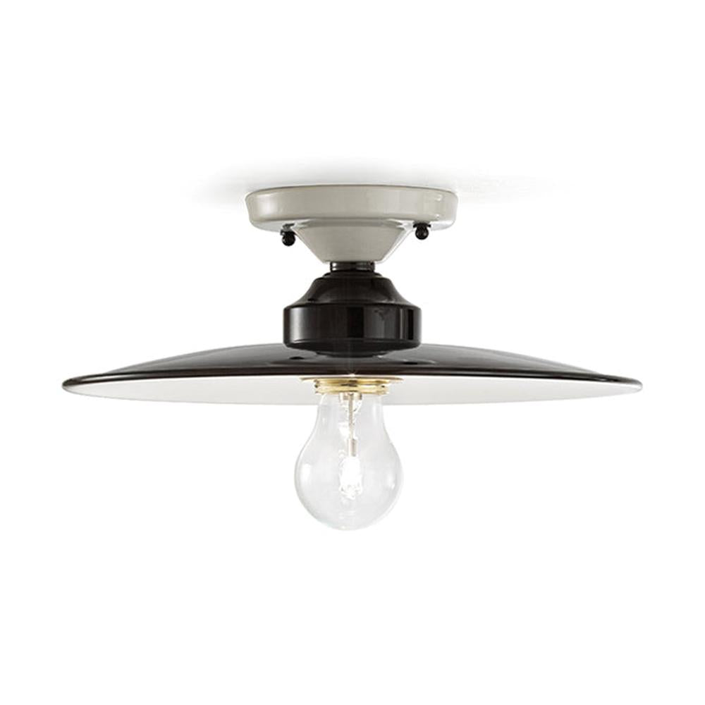 Vidéki stílusú, fekete színű mázas fémből és fehér színű mázas kerámiából készült, kézműves mennyezeti lámpa.