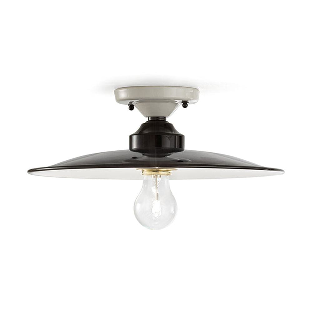 Vidéki stílusú, fekete színű mázas fémből és fehér színű mázas kerámiából készült, kézműves mennyezeti lámpa.