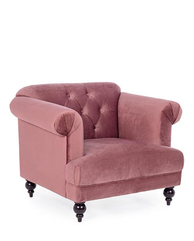 Galamour stílusú, antik pink színű bársonnyal kárpitozott fotel.