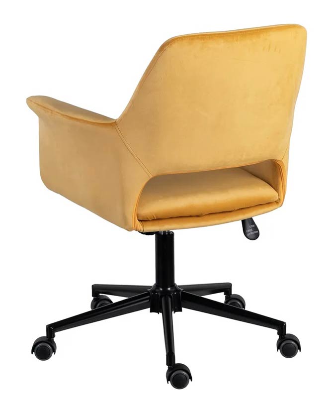 Modern stílusú, állítható magasságú, mustársárga színű bársonnyal kárpitozott kerekes irodai forgószék