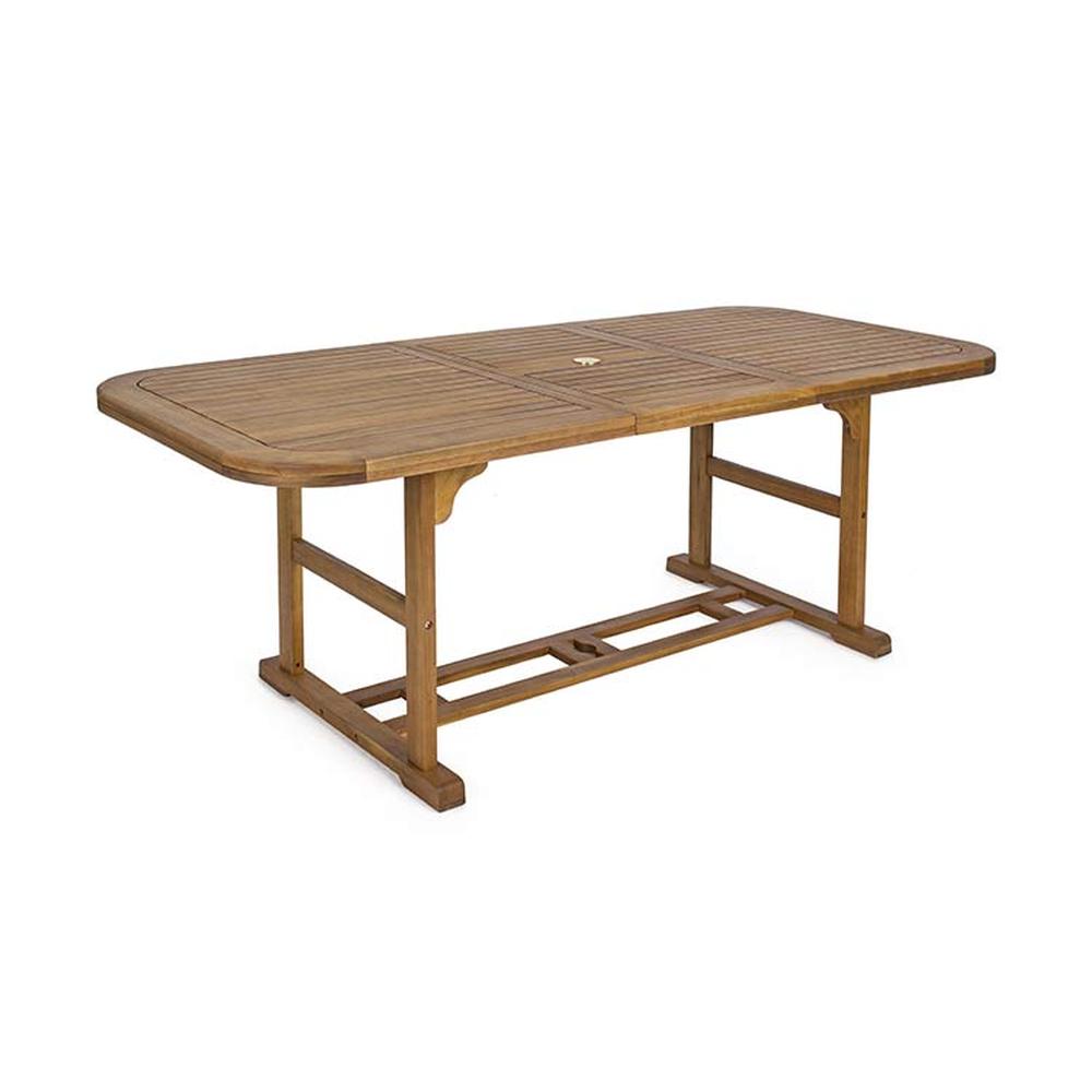 Akácfából készült, 150 cm-ről 200 cm hosszúságra bővíthető kültéri étkezőasztal.