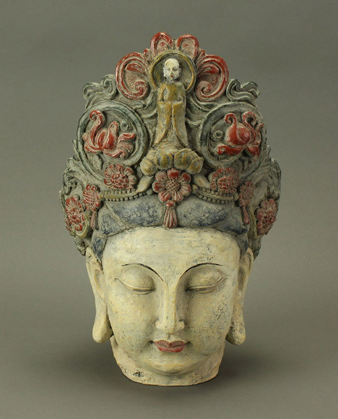 Oriental stílusú, kézzel festett, antik felületű Buddha fej szobor