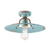 Rusztikus, vidéki stílusú, antikolt felületű mázas kerámiából és fémből készült, kézműves mennyezeti lámpa.