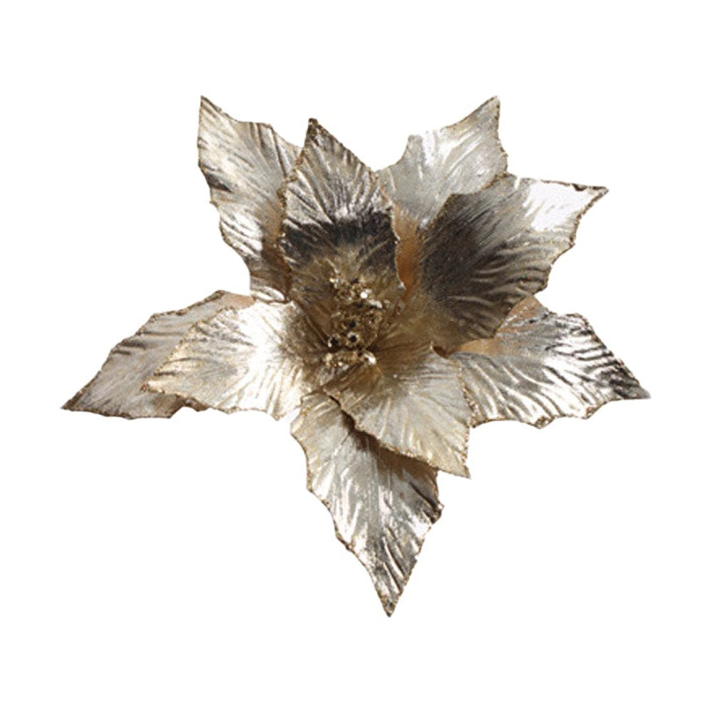 Glamour stílusú, pezsgőszínű mikulásvirág formájú karácsonyfadísz